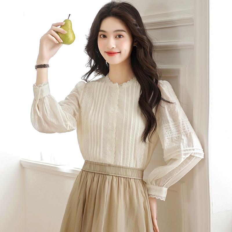 Autumn Fashion New 2024 Long Sleeve O-Neck Casual Apricot Blouse Shirt Women Tops Blouses Shirts J428