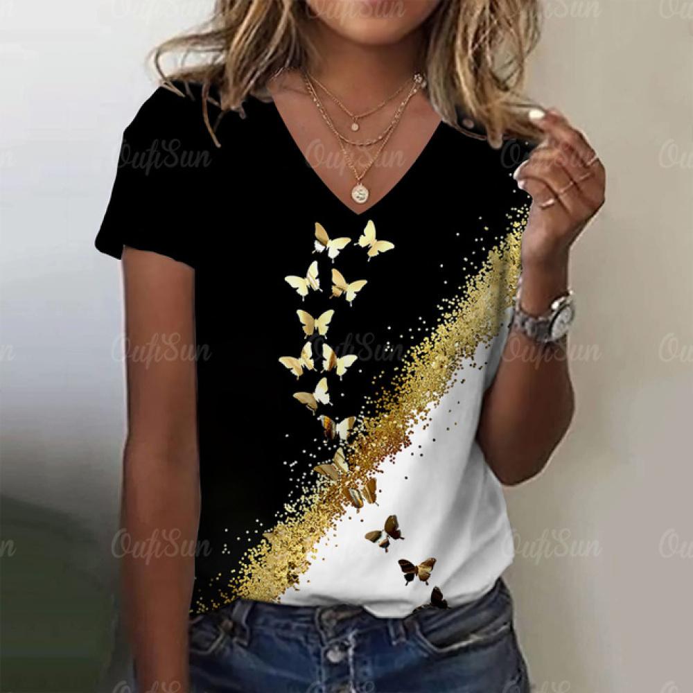 

Лето 2024, женская футболка с принтом бабочки, топы с короткими рукавами для женщин, футболка большого размера, женские футболки с v-образным вырезом L