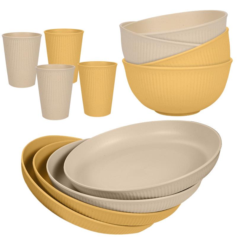 12Pcs Colourful Wheat Straw Dinnerware Sets Reusable Wheat Straw Plates and Bowls Sets Kitchen Unbreakable Dinnerware Sets