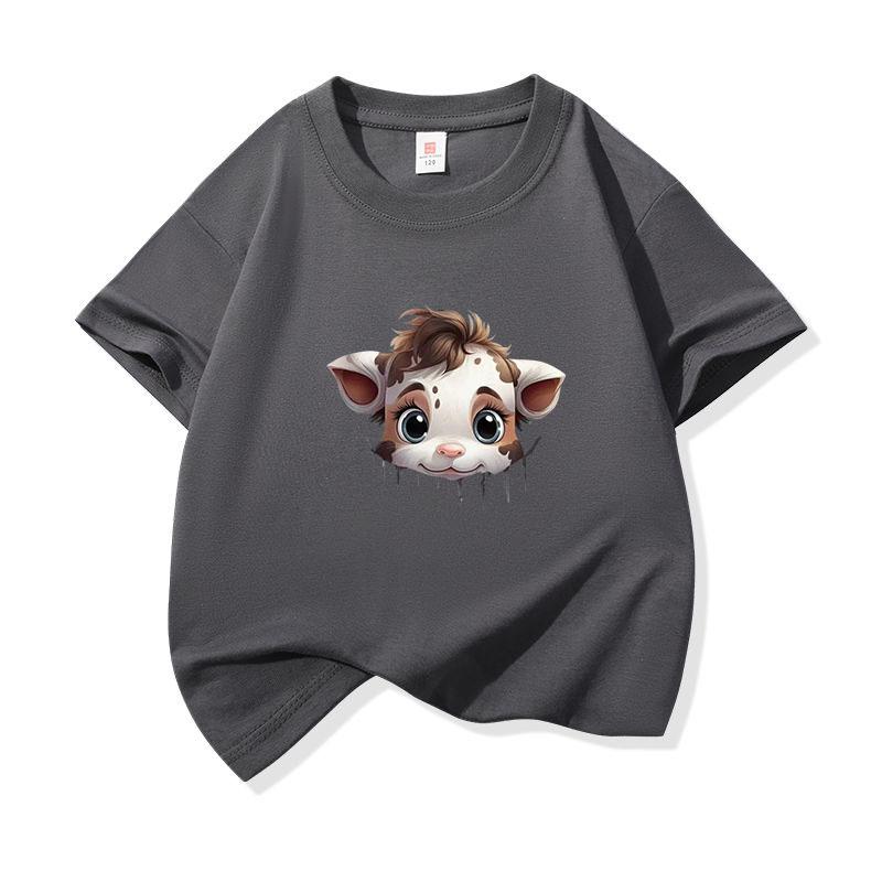 Kids Cotton T Shirt Light Spotted Baby Cow Peeking Print Crew Neck Short Sleeve Tee Casual Boys Girls Summer Tops