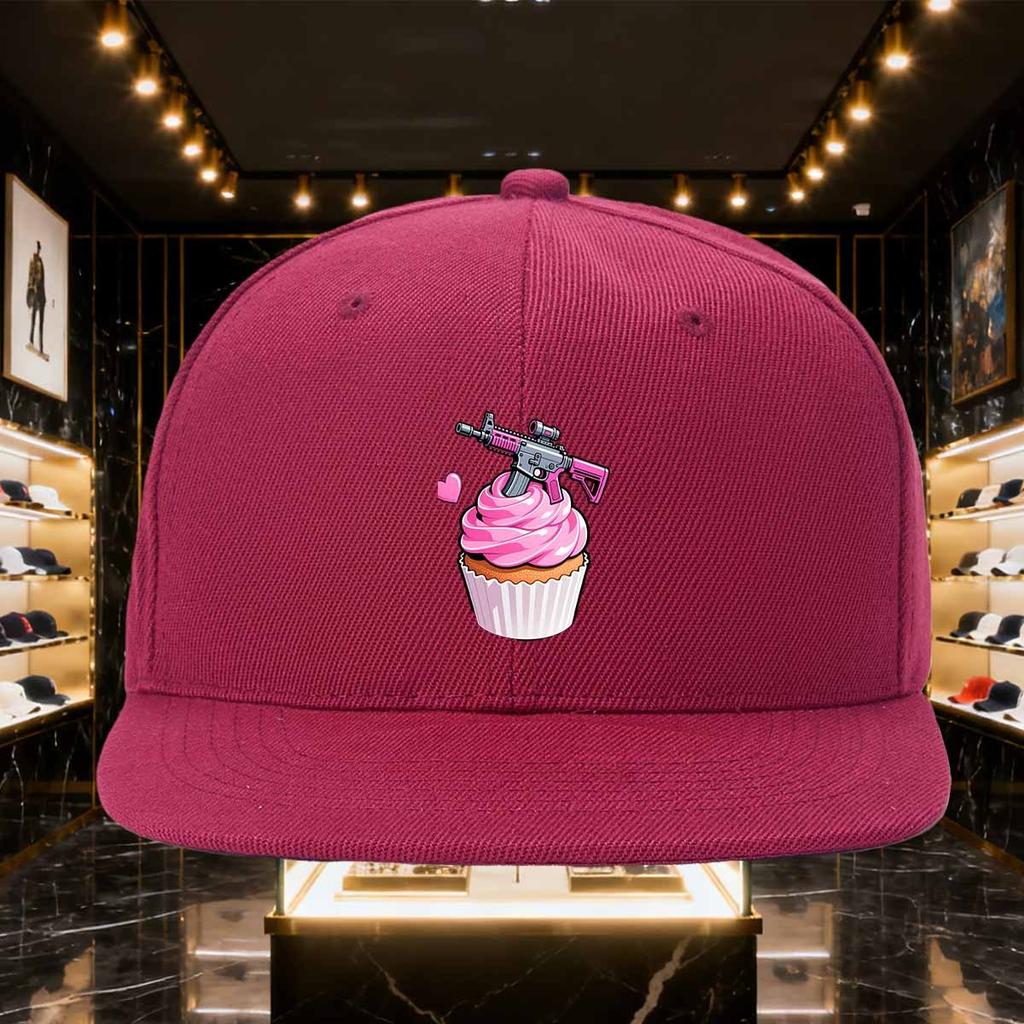 Pink Gun Cupcake Graphic Baseball Cap Unisex Polyester Flat Brim Snapback Hat Outdoor Dad Hat
