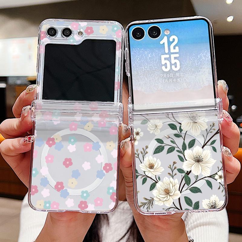 With Hinge Magnetic Phone Case For Samsung Z Flip 8 7 FE 6 5 4 White Flowers Print Hard Folding Phone Cover For Galaxy Z Flip8 Flip7 Flip6