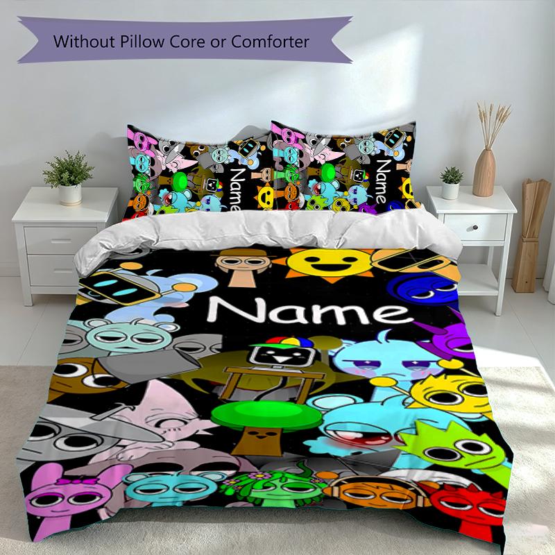 3pcs Custom Name Sprunki Themed Bedding Set,Includes 1 Duvet Cover and 2 Pillowcases,All-season Bedroom Decor