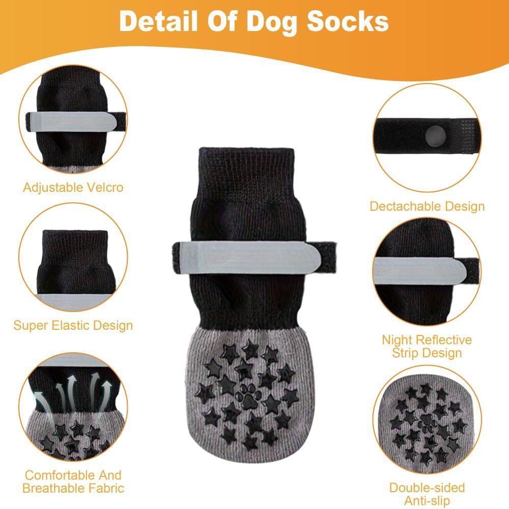 4pcs Anti-Slip Dog Socks Anti-Scratch Strong Grip Paw Protection Socks Adjustable Straps Anti-licking Pets Knitted Socks
