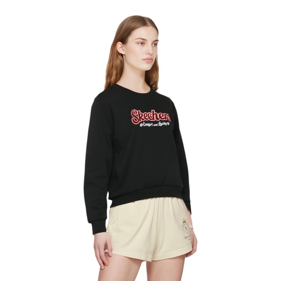 Skechers New Year Series Letter Knit Crewneck Sweatshirt Women Sweatshirt Carbon-Black L124W027-0018