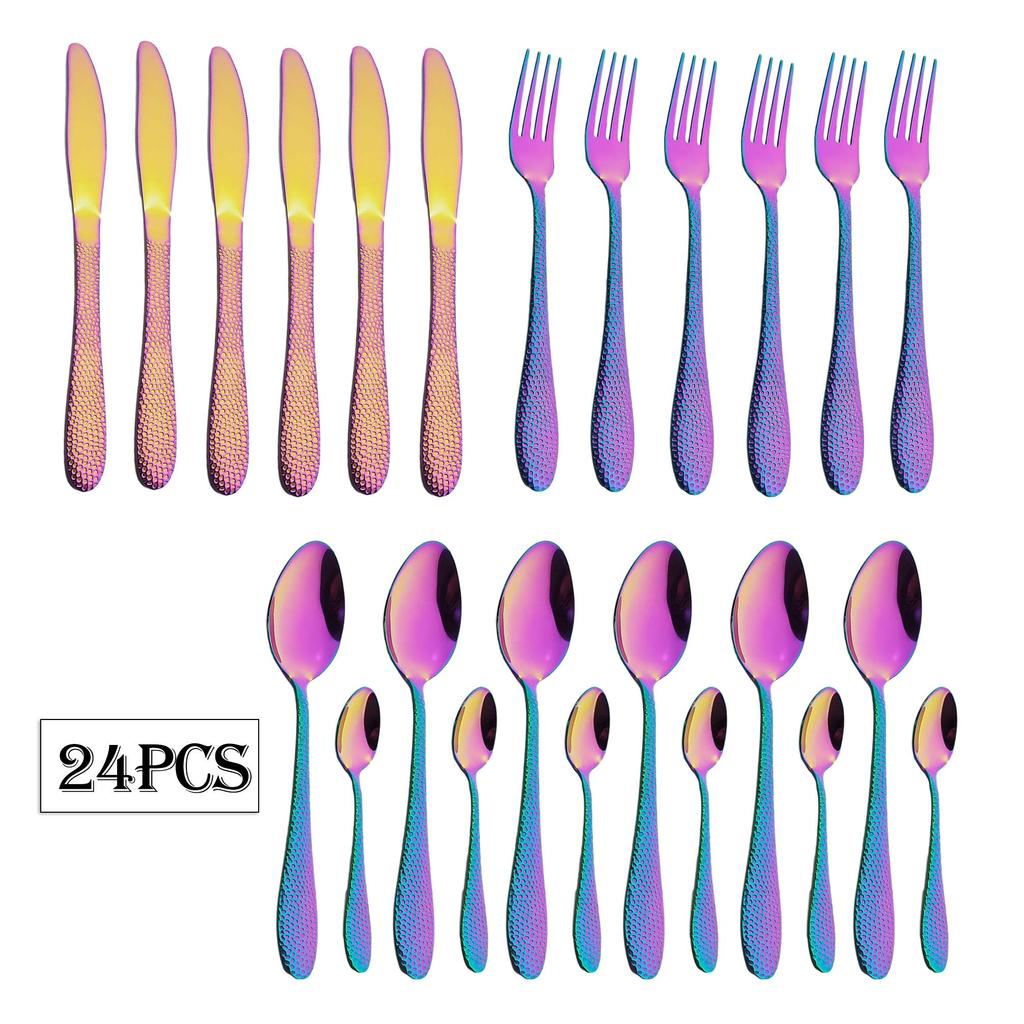 24Pcs Black Tableware Set Stainless Steel Dinner Set Knife Fork Spoon Dinnerware Set Gold Flatware Rainbow Cutlery Set Kitchen