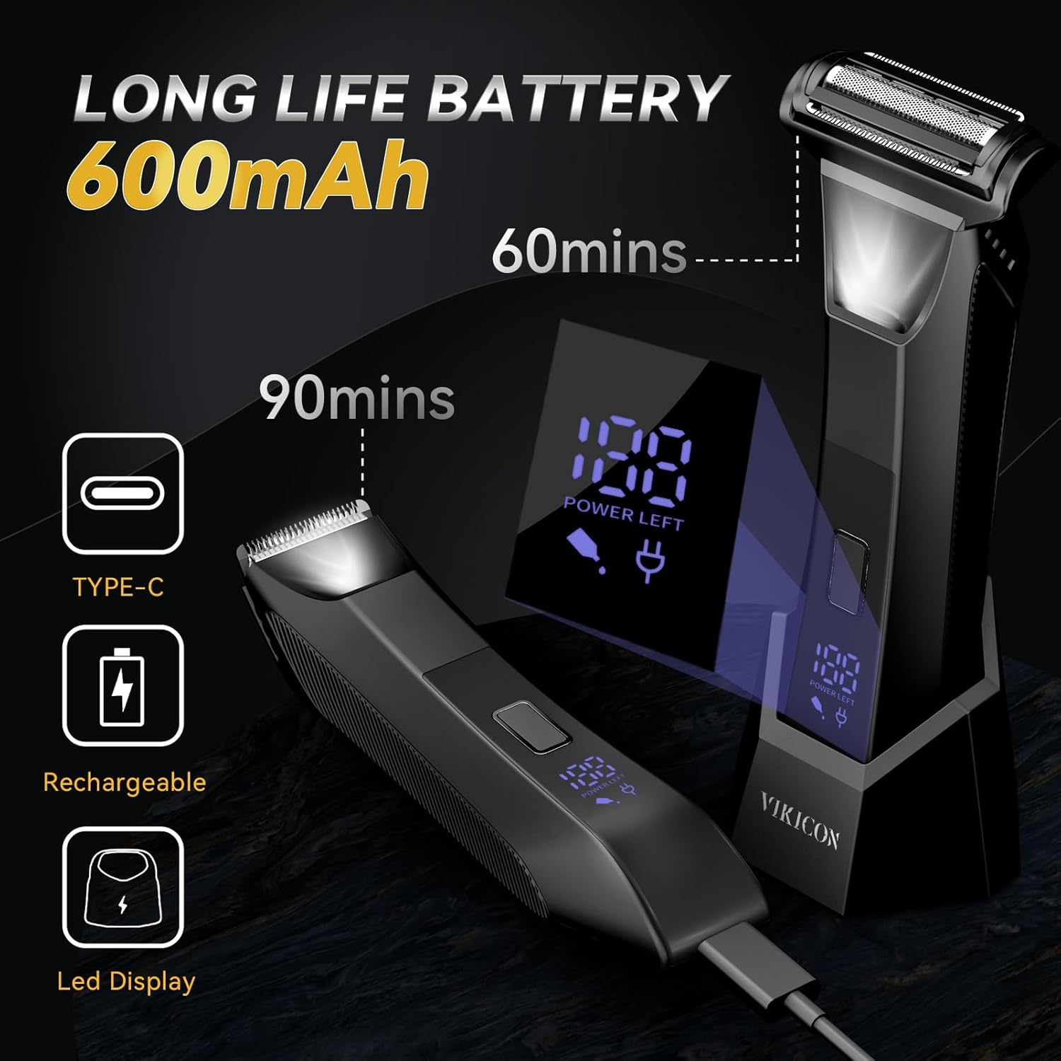 

VIKICON Триммеры и бритвы для тела для мужчин: Электробритва 2-в-1 без порезов для лобка, яичек, спины, ног, волос на груди с триммером и фольгой с двойной головкой