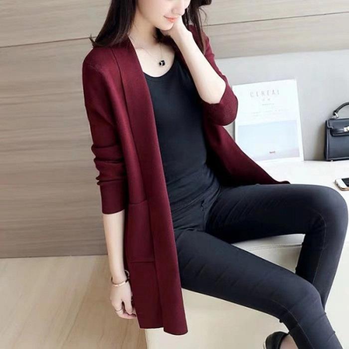 Autumn and winter new Korean version versatile loose pocket medium and long cardigan jacket women's long sleeves