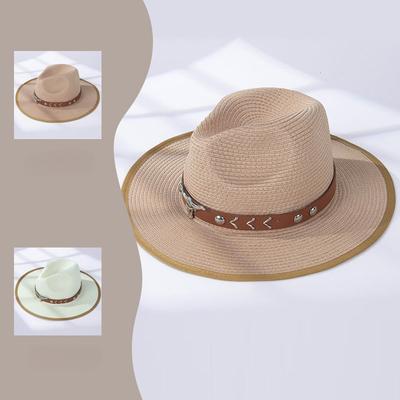 British Style Bullhead Straw Woven Western Cowboy Hat Sun Protection Straw Hat Travel Horse Riding Sun Hat Wide Brim Top Hat