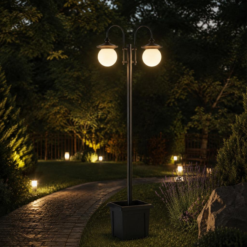 Solar Lantern Floor Lamp 182 Cm Height-Adjustable Outdoor Garden Lantern with 2 Heads Planter Light Sensor Switch IP44