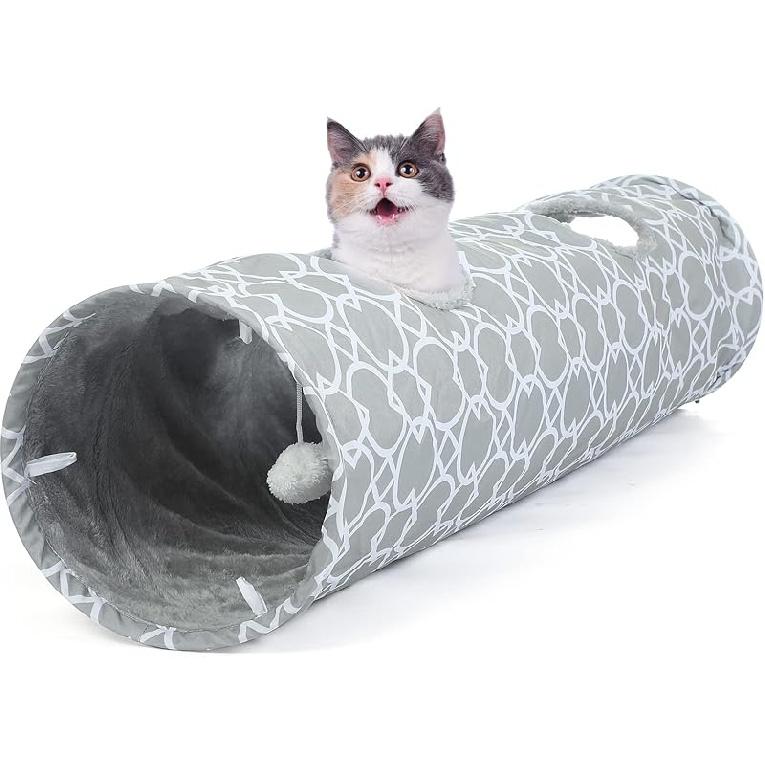 LUCKITTY Geometric Straight Cat Tunnel with Plush Inside,Cats Toys Collapsible Tunnel Tube with Balls, for Rabbits, Kittens, Ferrets,Puppy, Diameter