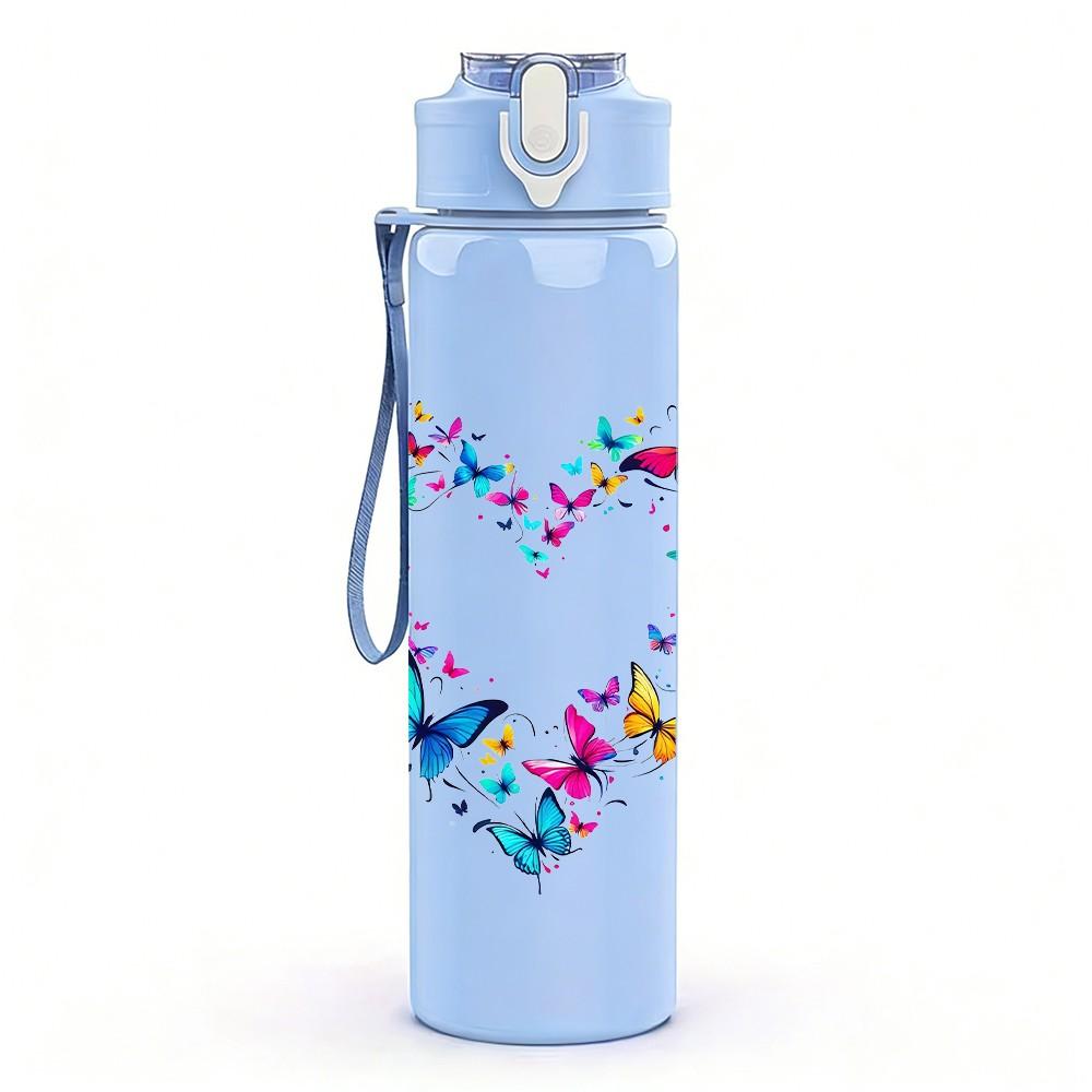 1PC Heart Shaped Floral Art Pattern 750ml Color Plastic Sports Water Bottle Leakproof Flip Straw Lid Suitable for Sports Office Home Use