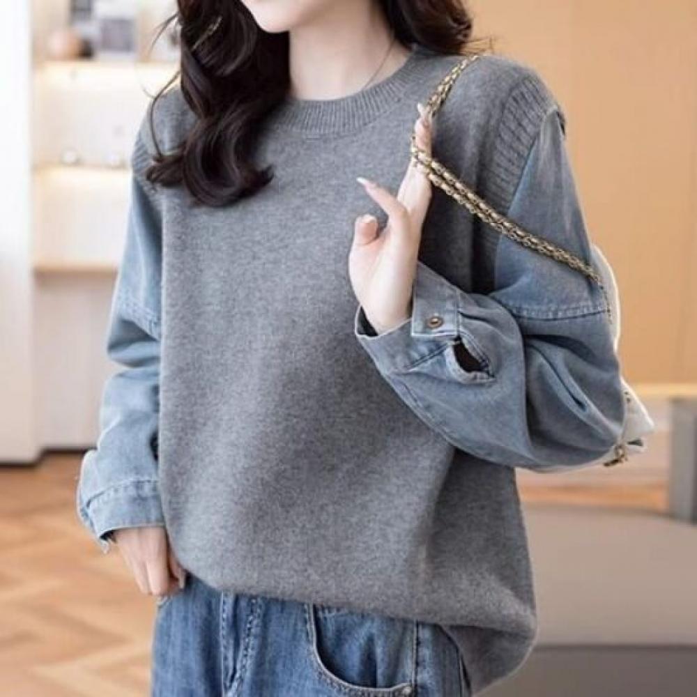 Navava Women Denim 2in1 KniT Long Sleeve T shirT Nk2820