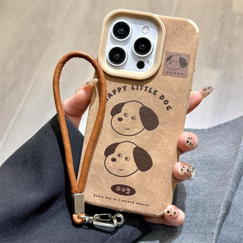 Cute Oil Painting Line Dog Iphone16promax Apple 14 Leather Brown 12 Mobile Phone Case 15 Anti-fall 13
