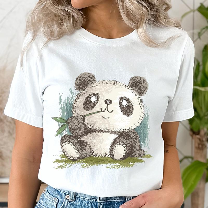 Cute Panda Print T-shirts For Women Summer Lovely Short Sleeve Casual Round Neck T-shirts Ladies Creative Personalized Tops