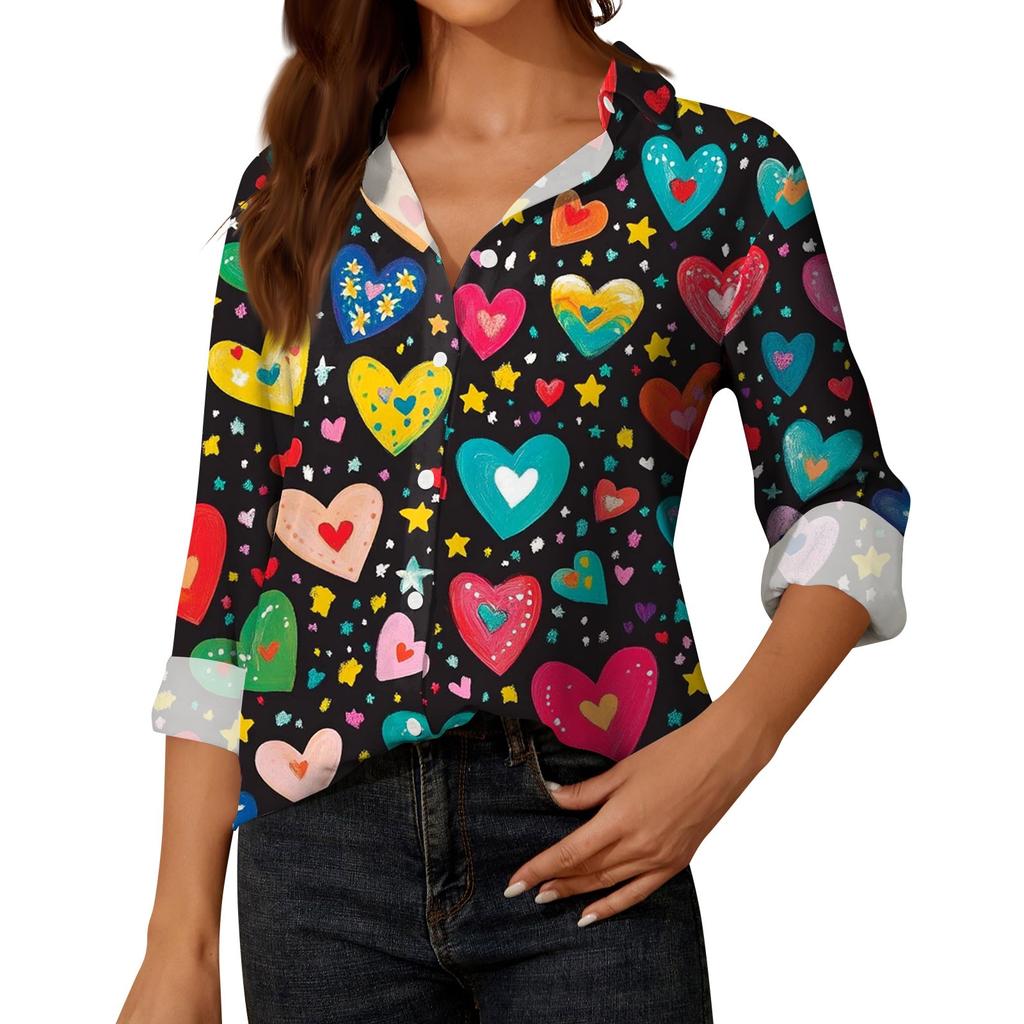 Chemisier femme imprimé bouton manches longues décontracté basique col de chemise haut régulier