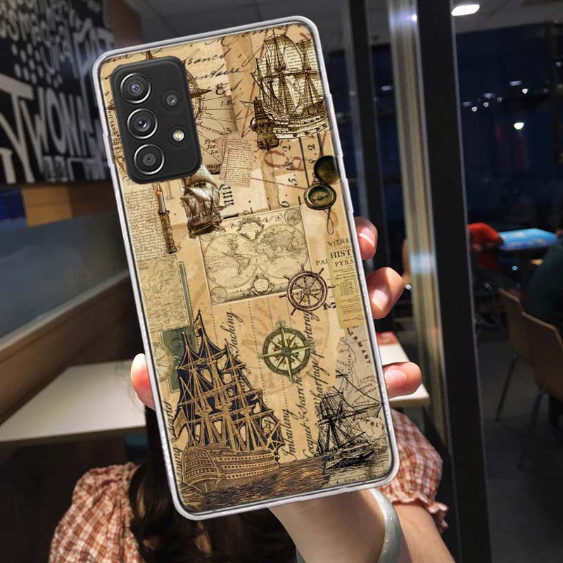 Compass Map Voyage Phone Case for Samsung A54 A57 A37 A17 A14 A15 A12 A24 A34 A55 A35 A25 A52S A07 A05S A04S A22 A32 A72 Galaxy