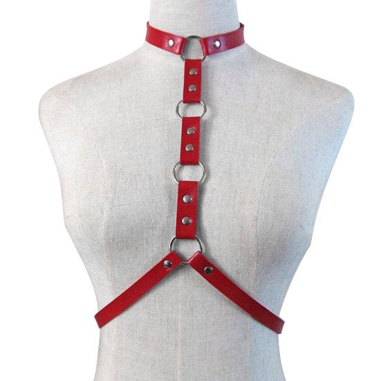 Adjustable Faux Leather Halterneck Choker Ring Waist Belt Body Chain Harness