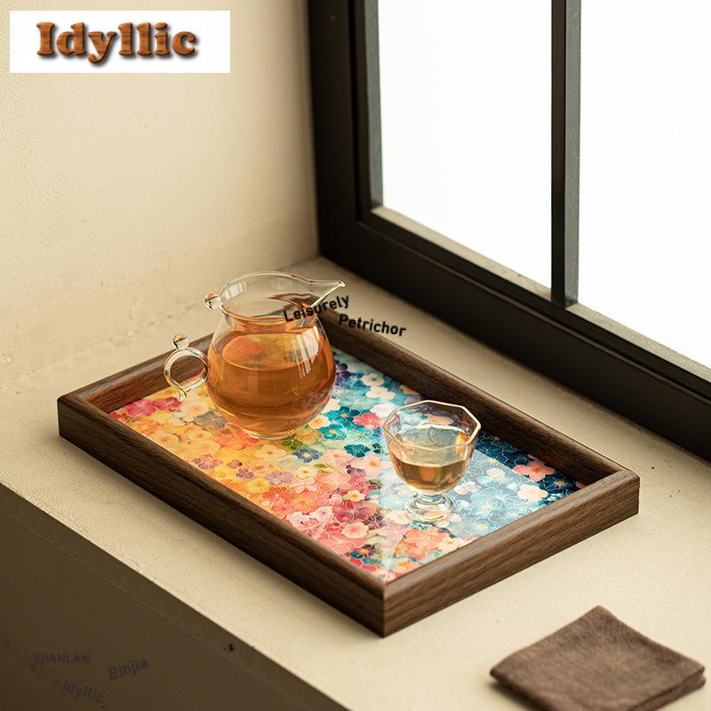Oil Painting Style Floral Square Tea Tray Snack Plate Coffee Storage Board Teapot Mat Dishes For Serving Tea Ceremony Supplies