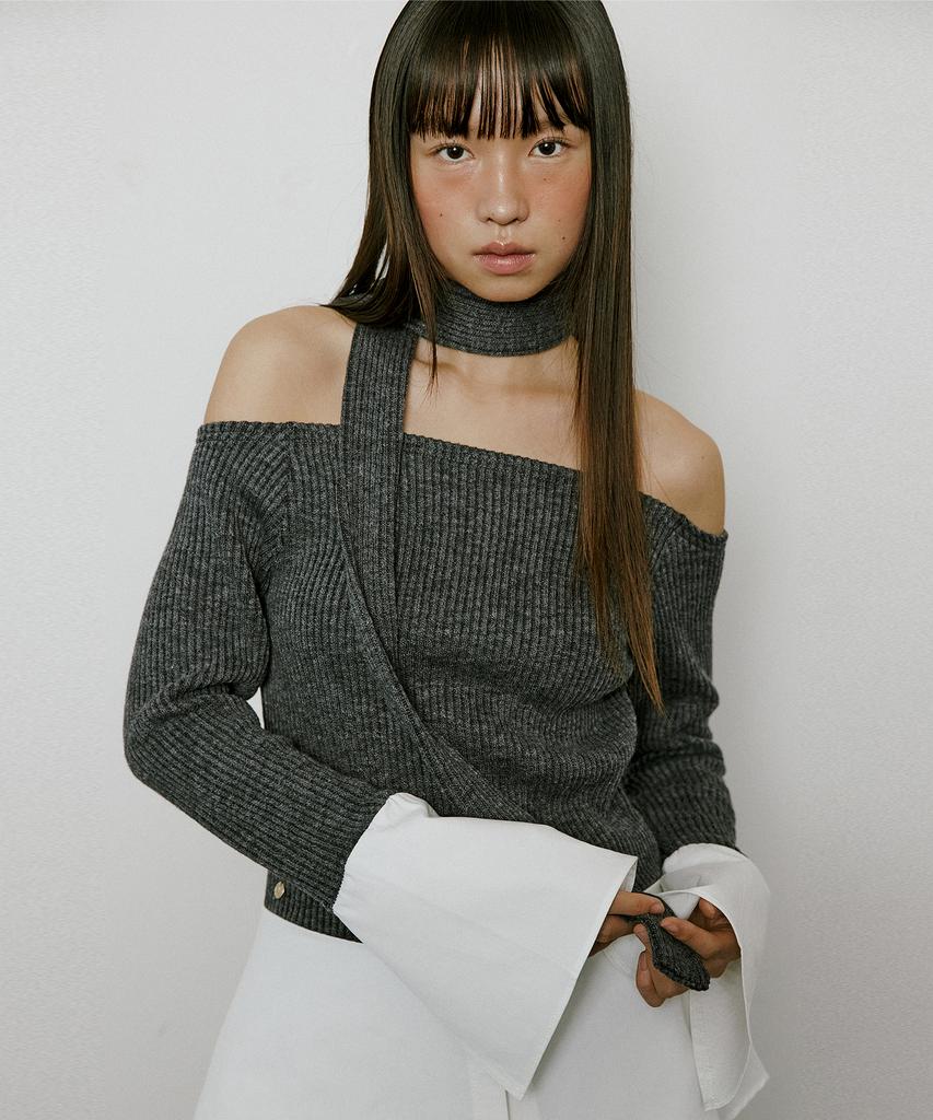 LUCIR ZU Layered Shirt Off Shoulder Top (Charcoal)