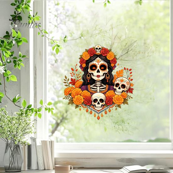 Festive Indoor Outdoor Window Art Day of The Dead Clings, Dia De Los Muertos Sticker, Colorful Decorative Film for Parties Sugar Skull with
