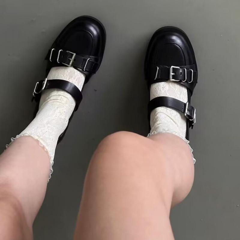 Women's Thick Heel Shoes Autumn New Round Head Shallow Mouth Metal Buckle Thick Sole Anti-slip Wear-resistant Low-top Shoes