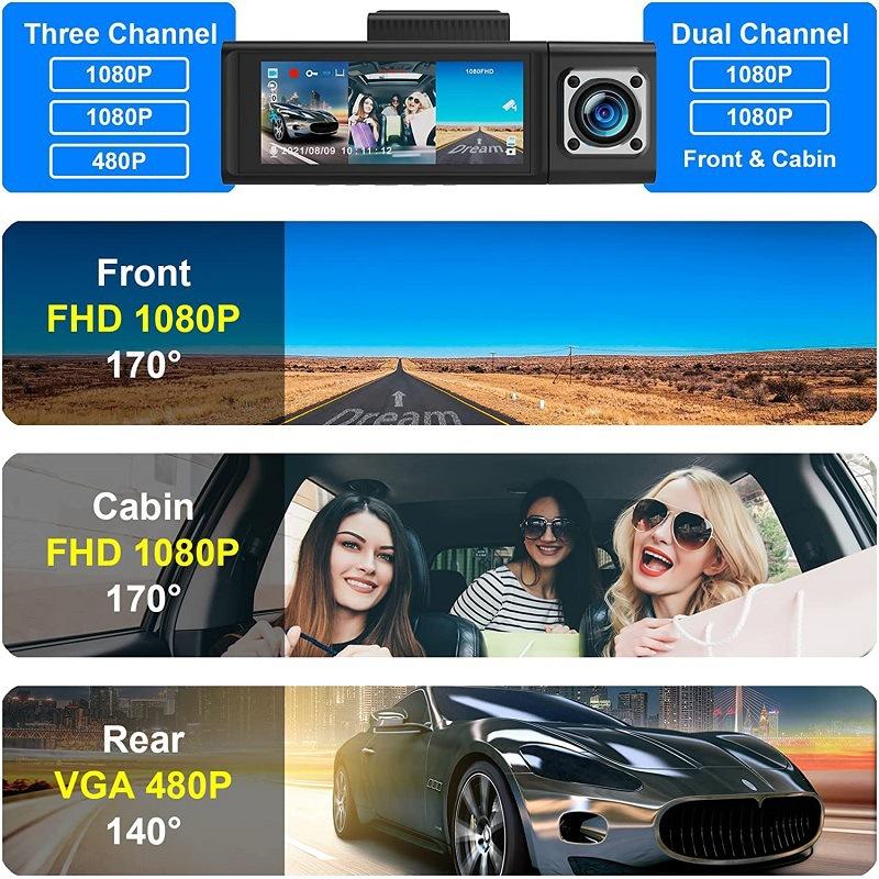 Triple-recording Dash Cam with Front, Interior, and Rearview Recording, Plus a Reversing Camera Function. It Features a Compact