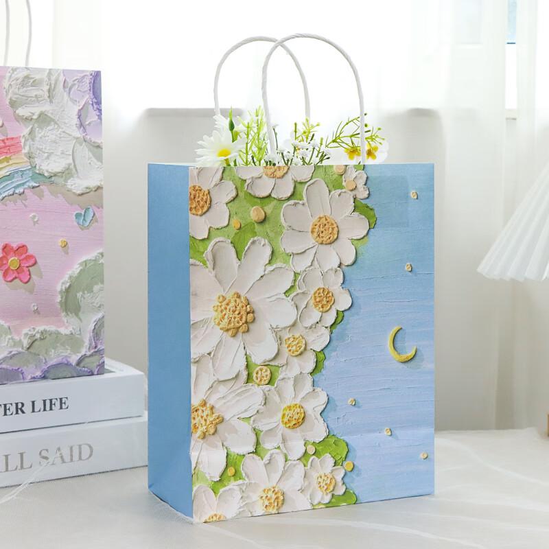 Gift Bags, Birthday Present Handbags, Holiday Gift Storage Bags, High-End Shopping Packaging Bags, Cute Paper Bags with Oil Painting Landscape