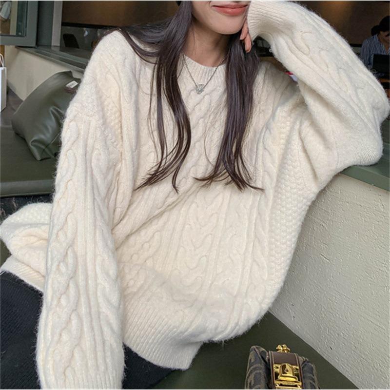 Retro crew neck twist simple solid color temperament pullover knitted sweater top versatile and thin sweater women's outer wear