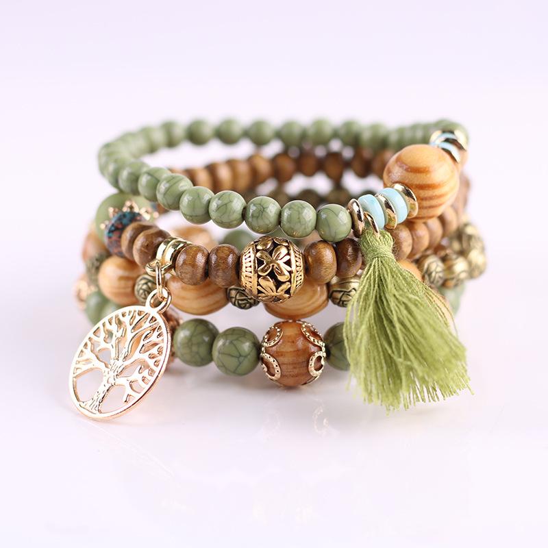 Bohemian Multi-Layer Wooden Bead Elastic Bracelet