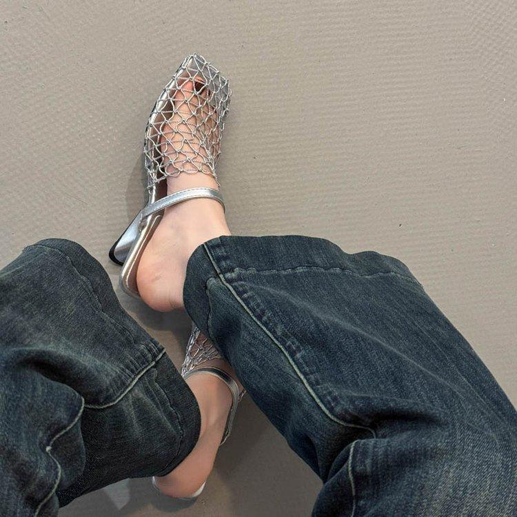 Summer new favorite! Niche design fishing net half slippers woven mesh hollow special-shaped and high-heeled outer slippers women