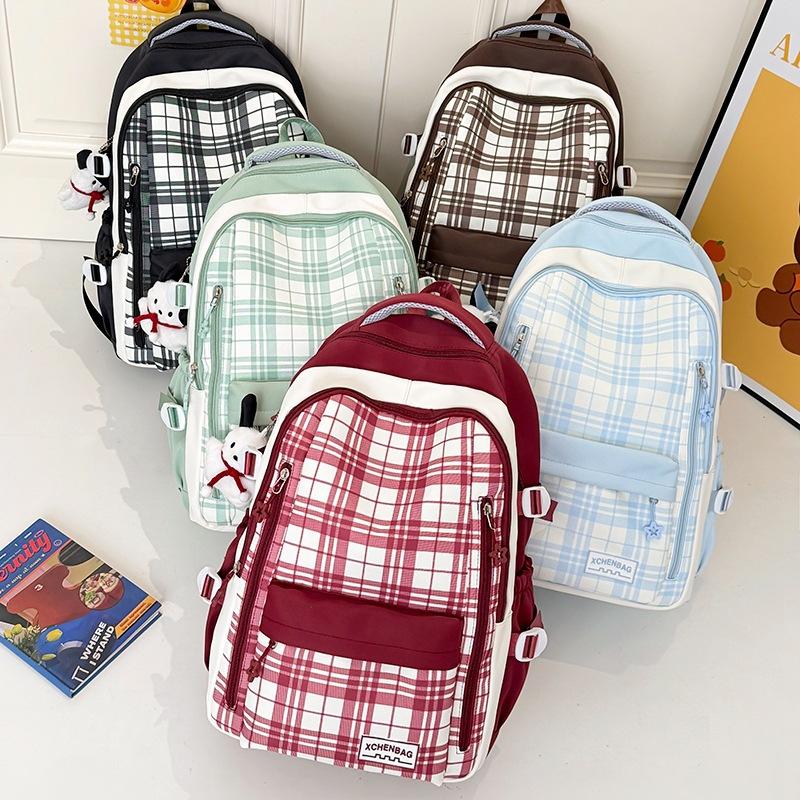 Schoolbag1011 New Plaid Backpack, Student Schoolbag, Women's Large-capacity, Lightweight and Simple, Junior High School Student Shoulder Make-up Bag