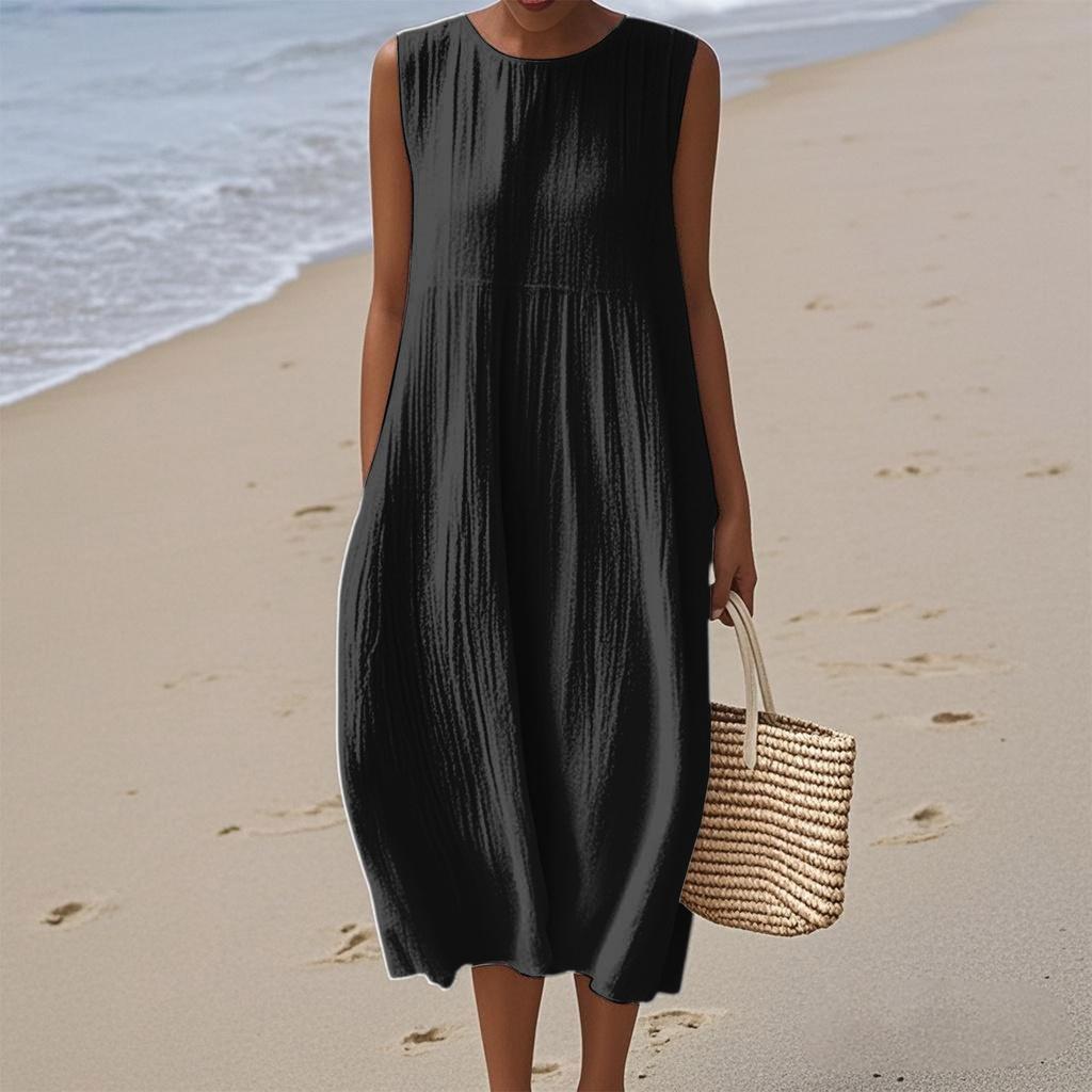 Women's Fashion Casual Sleeveless Round Neck Solid Color Elegant Temperament Dress