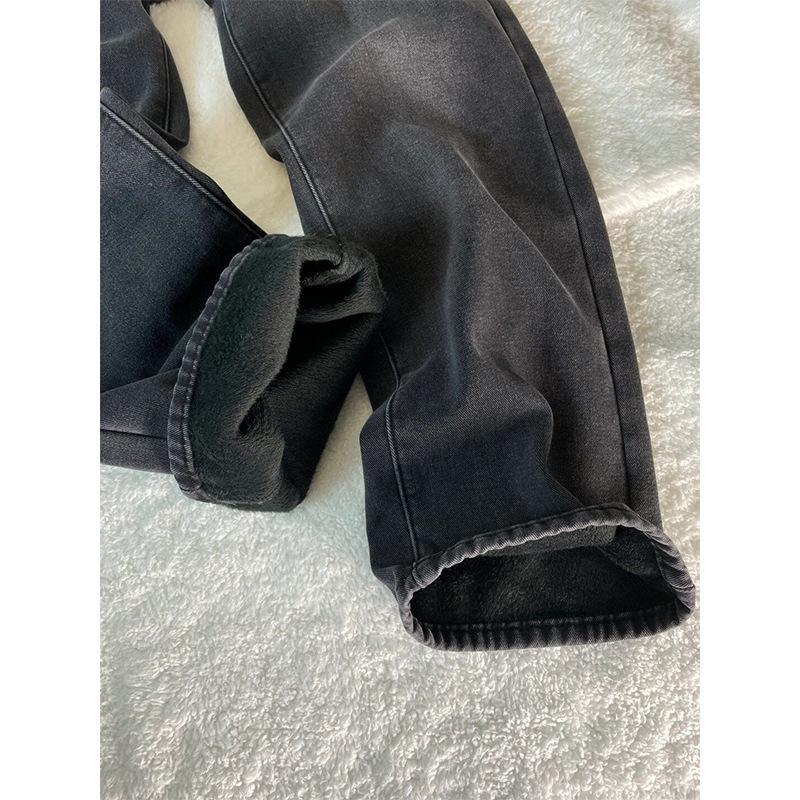 2025 Plus Size Women's Fleece-Lined Wide Leg Jeans: Autumn/Winter High Waist, Straight-Leg Slimming Pants for Pear-Shaped Figures