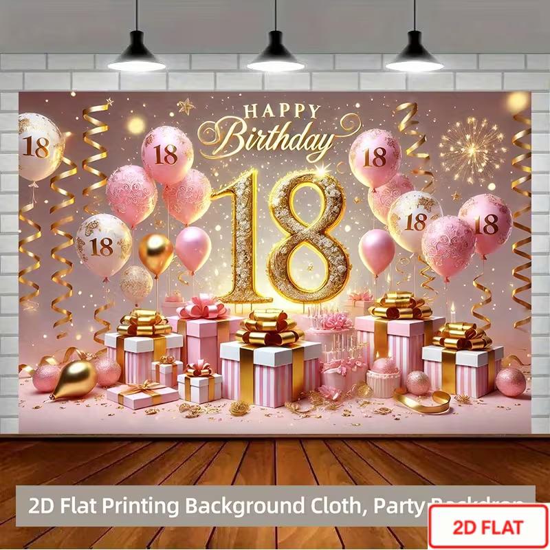 2D Sparkle Pink Gold 18th Happy Birthday Photography Backdrop with Balloons