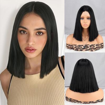Parrucche Sintetiche Corte Lisce con Pizzo Frontale Senza Frangia Estensione Aspetto Naturale Fibra Resistente al Calore Per Donne Eleganti Cosplay