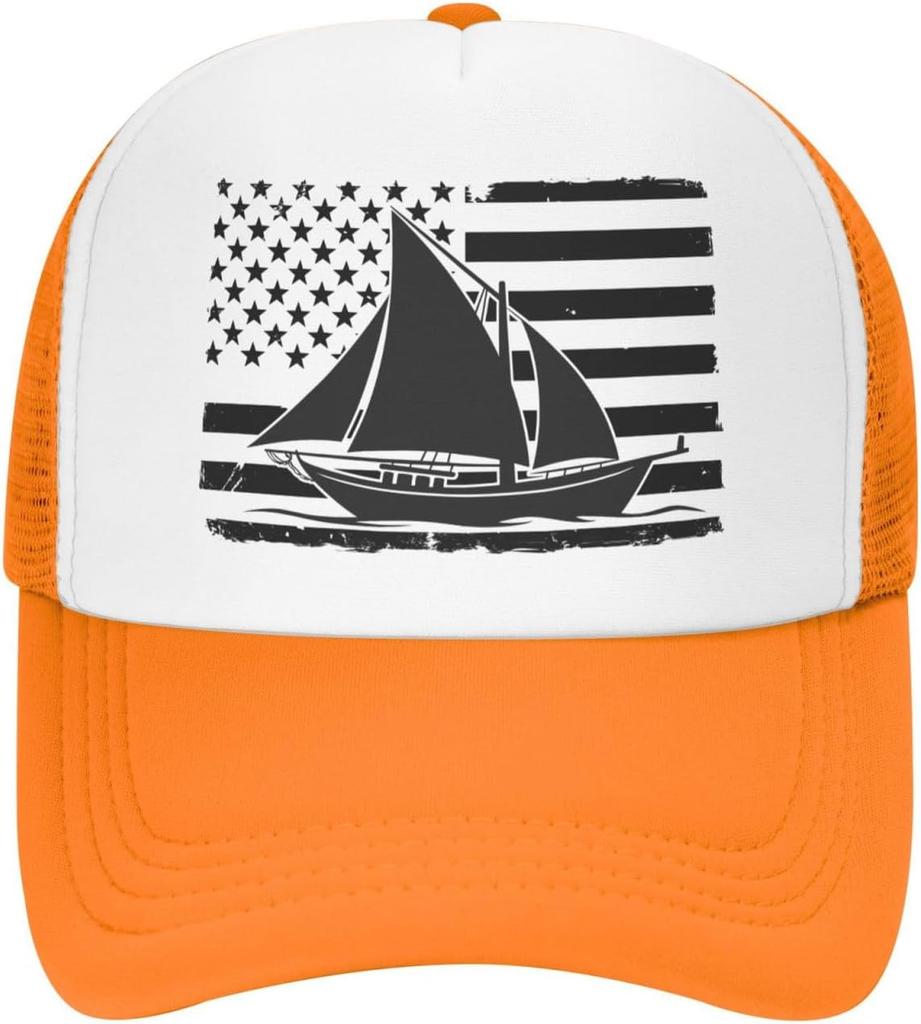 Distressed American Flag Sailboat Trucker Hat Sailing Graphic Mesh Cap Adjustable Outdoor Dad Hat