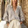 Women's Retro V-Neck Shirred Top Loose Fit Casual Blouse