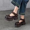Johnature Thick Soled High Heels Pumps Genuine Leather Retro Round Toe Thick Heeled Women's Shoes