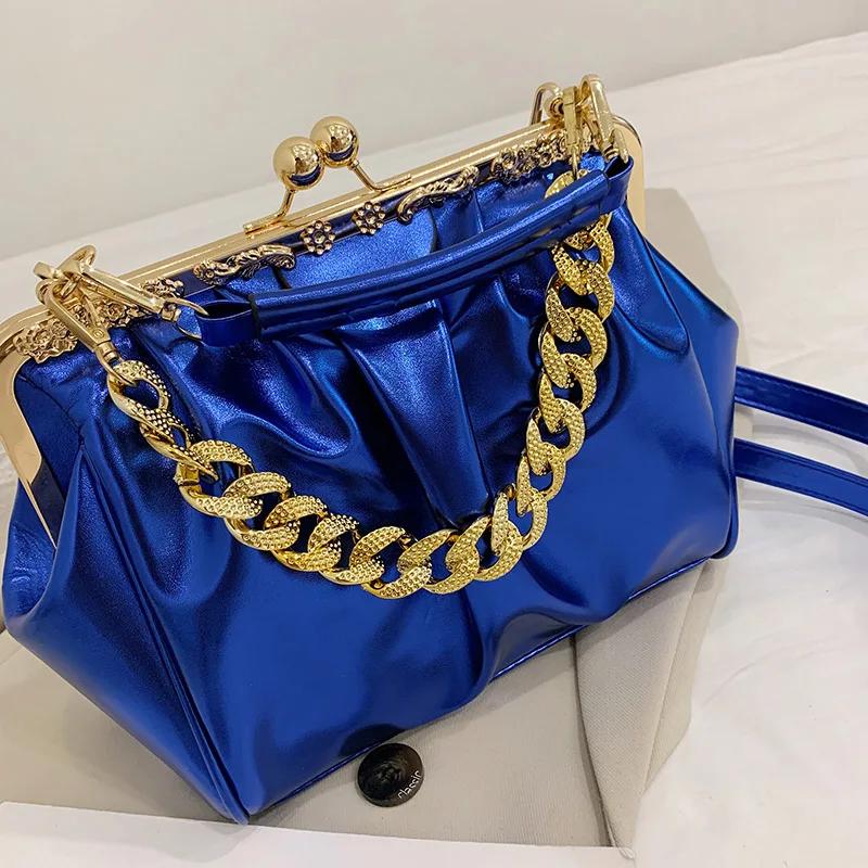 PU Leather Shoulder Bag for Women Kiss Lock Shell Clip Female Handbags Ruched Crossbody Bag Silver Blue Green