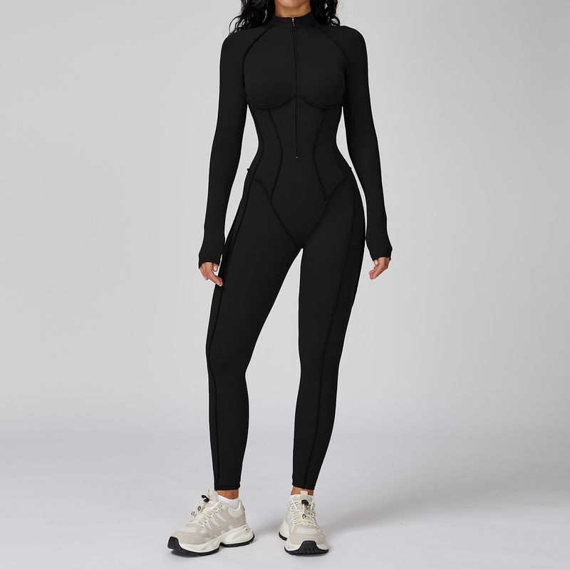 

Fashion Contrast Color Stand-up Collar Jumpsuit Half Zipper One-Piece Workout Clothes Women s High Strength Exercise Yoga Clothes Advanced Black M