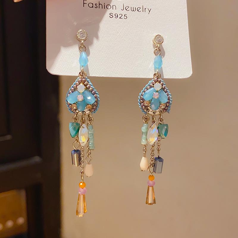 Retro Silver Needle Zircon Glass Water Drop Earrings Court Temperament Stud Earrings Personality Trend Versatile Earrings Women