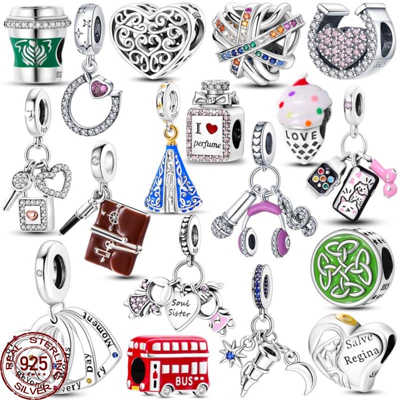 

New 925 Silver Colorful Zirconium Heart Shape Charms Beads Feather Perfume Bottle Music Dangle Fit Bracelet DIY Jewelry