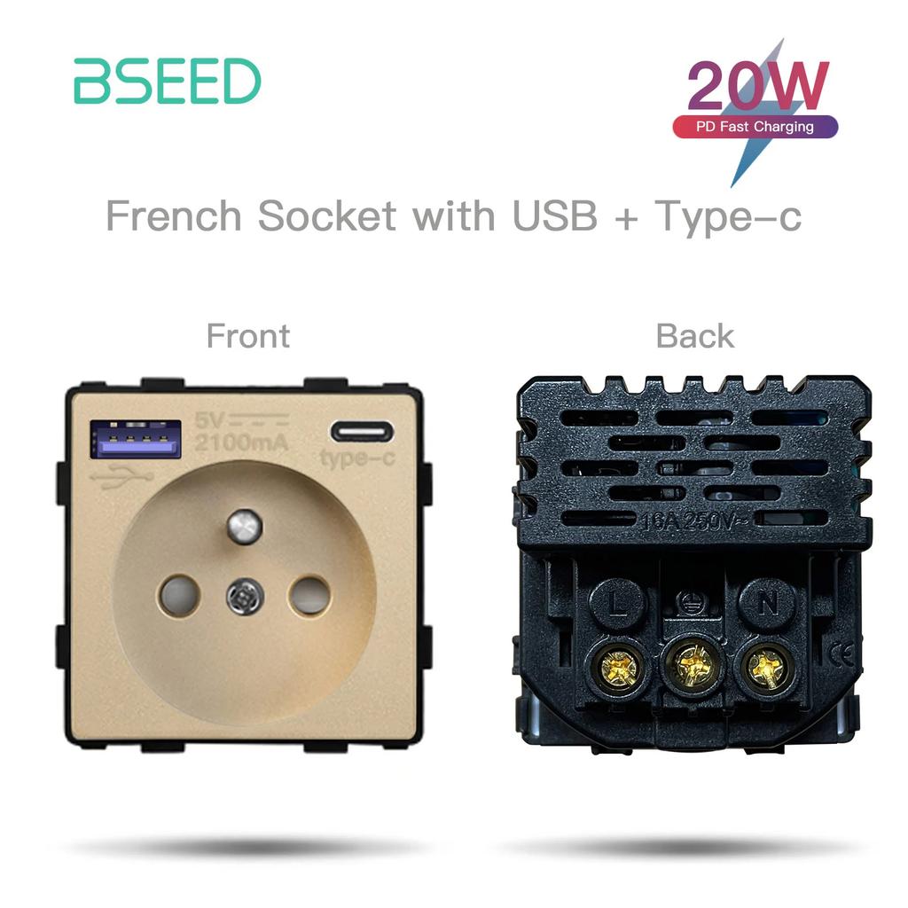 BSEED French Wall Socket Plug Without Frame Function Parts USB Socket Type-c AC Ports Fast Charging DIY Parts Free Combination