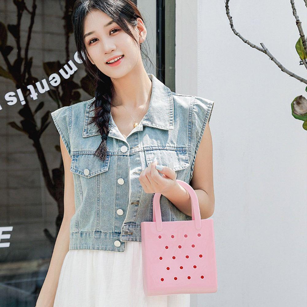 Waterproof Summer Beach Bag Solid Color Jelly Tote Bag Portable Rubber Hole Handbags  Baskets