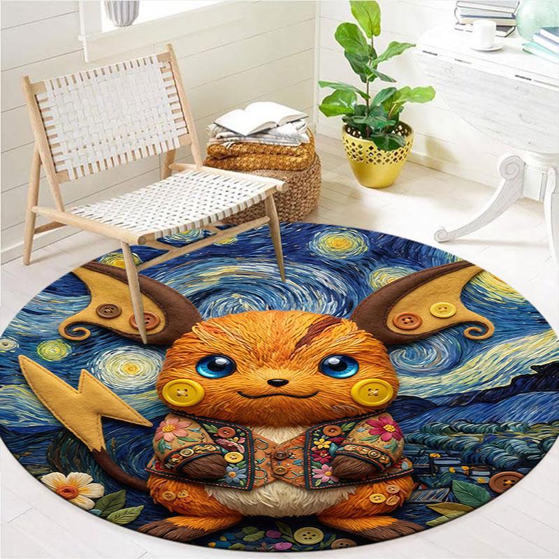 Felt Battle Pokemon Round Area Rug,Carpet Rug for Living Room Bedroom Sofa Playroom Decor,Non slip Floor Mat