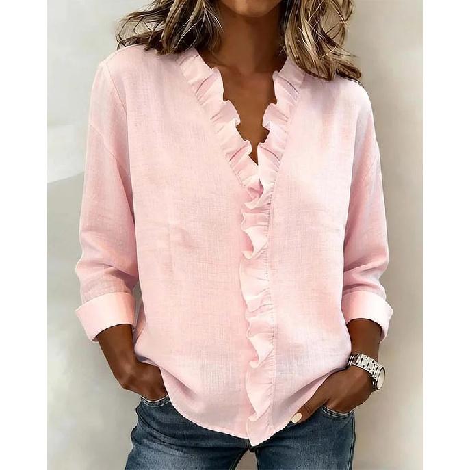 2026 Spring New Women's Ruffled Long-Sleeve Casual Solid Color Shirt