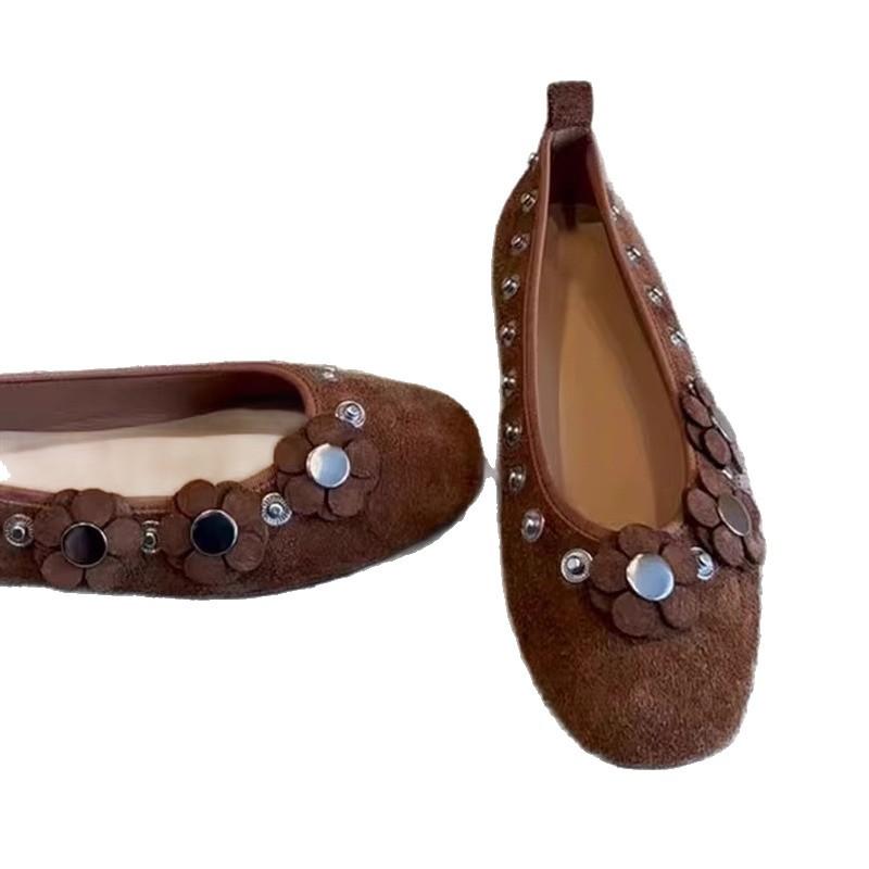 Cowhide Version~ Button Flower Shallow Mouth Single Shoes Women's Summer New One-pedal Loafers Brown Small Leather Shoes