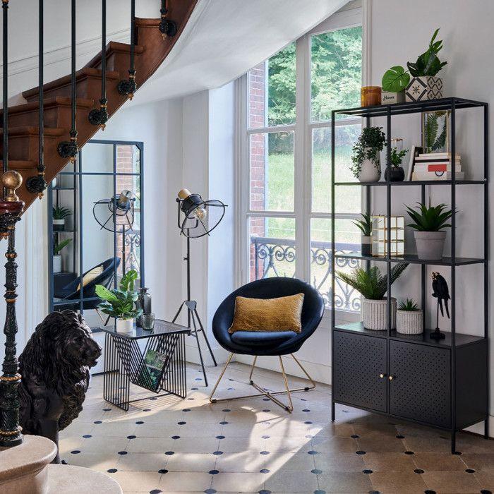 Table d'appoint porte revues "Megan" Noire Métal &amp; Verre trempé Atmosphera