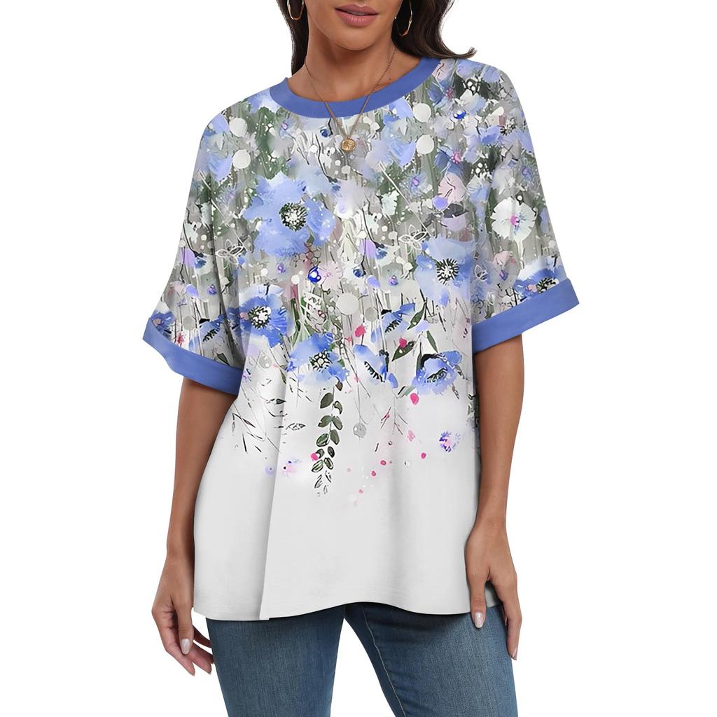 Women's Loose Oversize Print Round Neck Shoulder Length Short Sleeved T-shirt Top